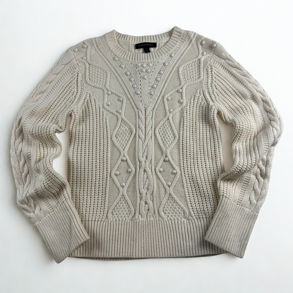 Banana Republic Cable Knit Sweater Womens XS Ivory Bobble Studded Pullover SOFT